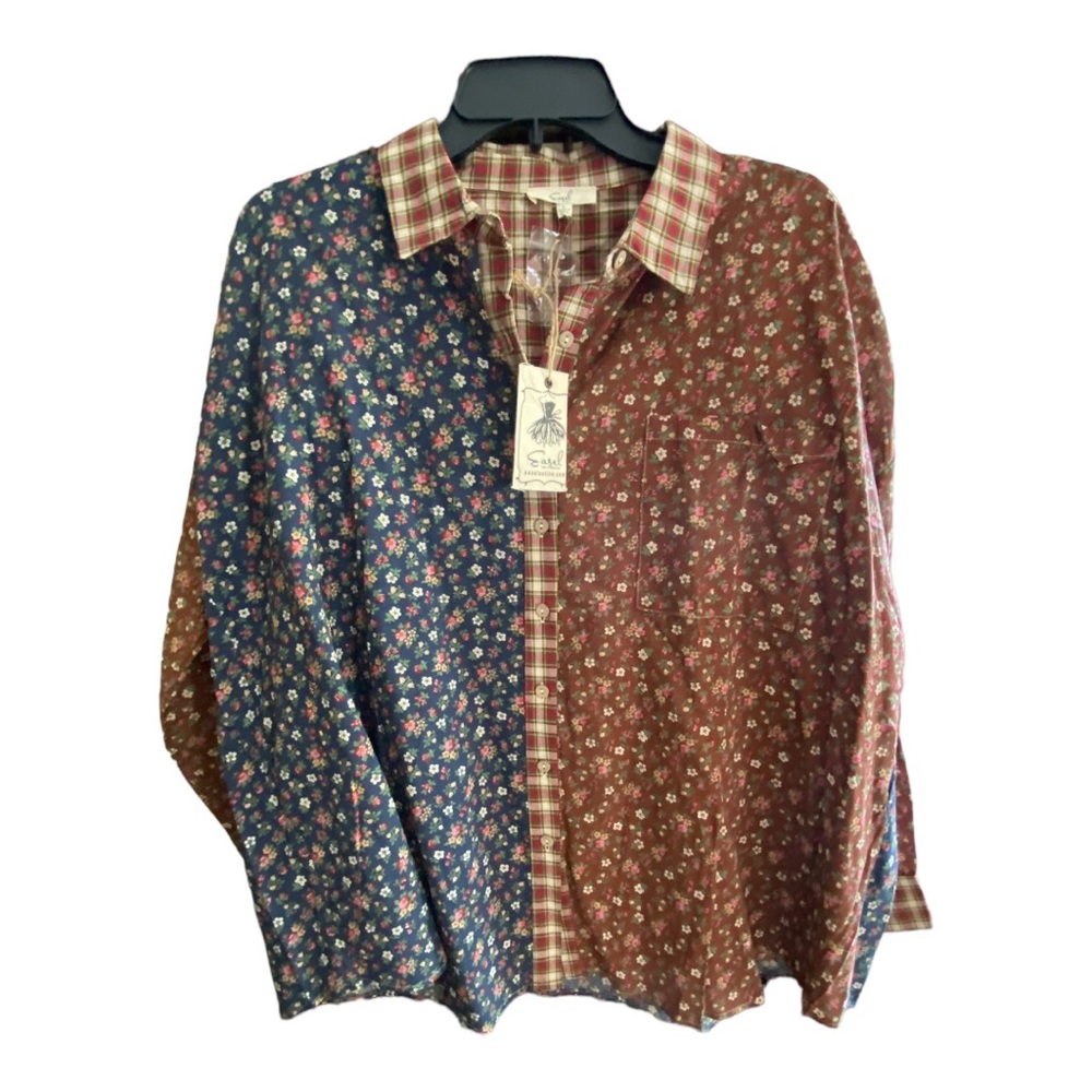 NWT EASEL BLUE AND WINE FLORAL PRINT SIZE LARGE